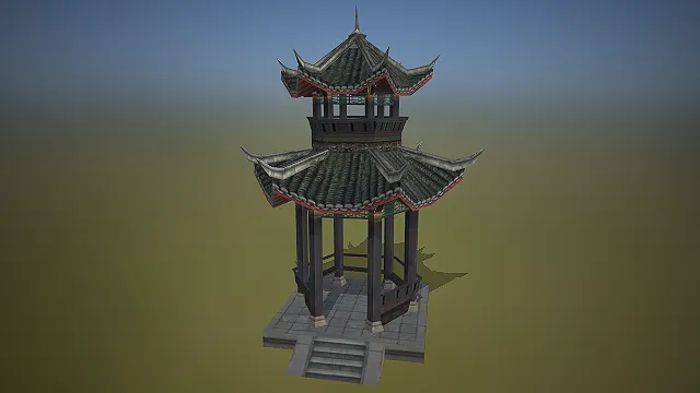 一个古风风格的3D双层观景亭模型，充满传统中式建筑的韵味