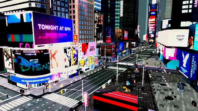 写实风格3D都市夜景场景模型，创意设计（写实都市夜景、3D模型、高楼大厦、绚丽广告牌、街道、灰色背景、独特氛围 ）