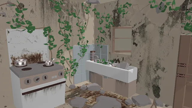 3D卡通风格废弃室内场景模型，创意设计（3D场景、卡通风格、废土颓败风，场景设计主题）