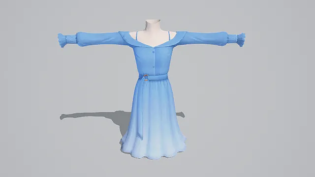 优雅风格蓝色长裙3D模型，露肩束腰设计