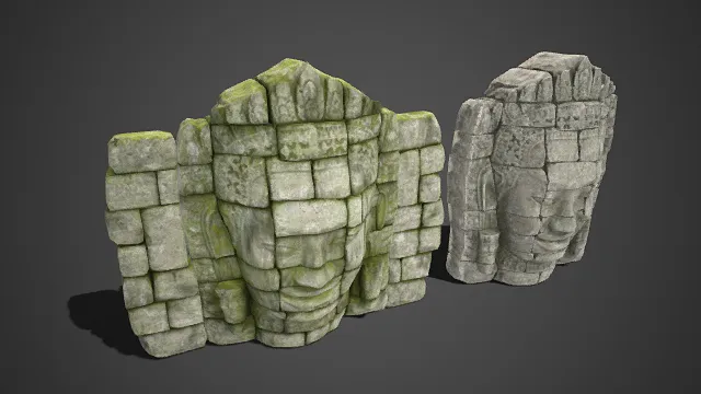 写实风格  残墙  人面石刻  苔藓  神态特征  遗迹残垣