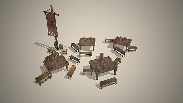 中式古风茶肆  木质桌椅  紫砂茶具  路边茶摊