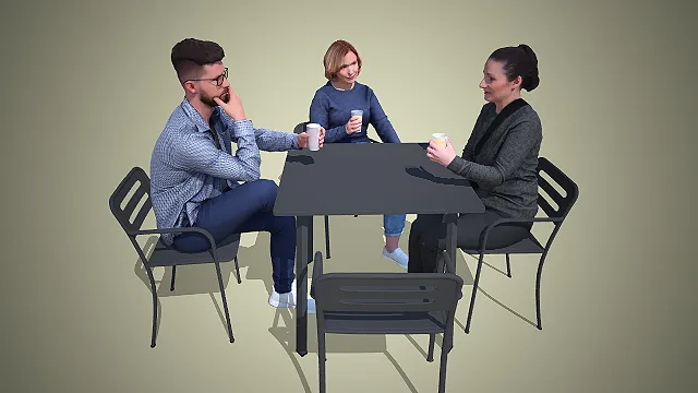 户外休闲桌椅三人交谈场景