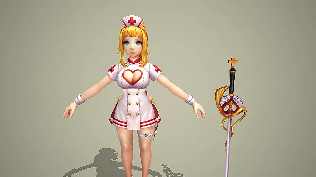卡通写实风爱心护士装剑士少女带十字佩剑 3D 游戏角色模型