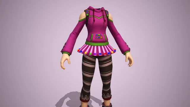 粉红色卫衣服装，配条纹小裙子，条纹紧身裤