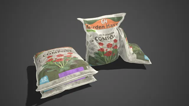 品牌通用型堆肥  白绿主色调  堆叠摆放  园艺肥料  花卉种植场景  补给品