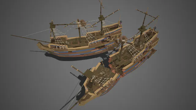 低多边形  复古木质帆船  破损船体  蓝纹装饰  桅杆  帆缆  船舵  海盗船  海战场景