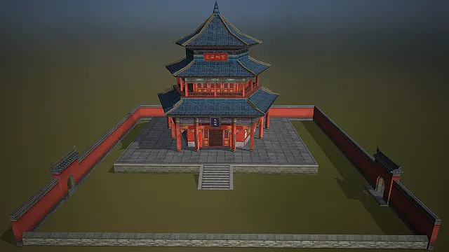 古风风格的3D中式三重檐楼阁模型，适合用于古风场景搭建