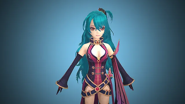 一个蓝发刺客的3D模型，搭配蝶翼造型披风