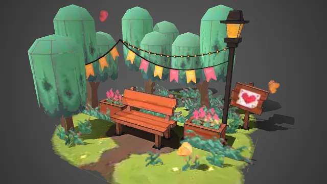 像素风场景  公园角落  休闲庭院  绿植  长椅  温馨