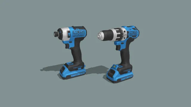 蓝黑配色锂电冲击起子与手电钻组合电动工具 3D 模型