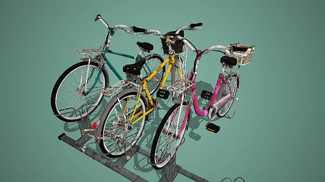 复古三色自行车停放架组合场景