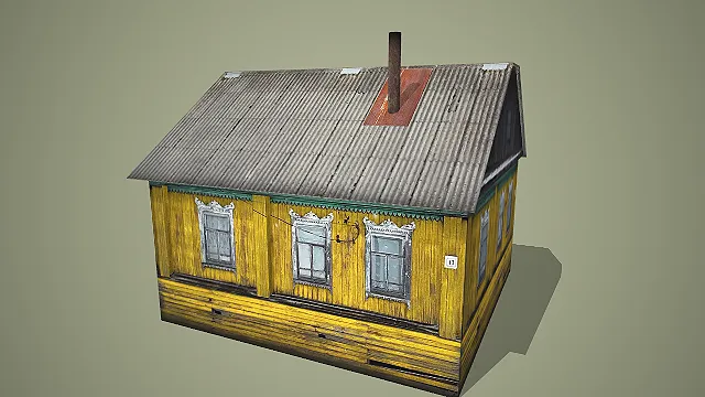 黄墙绿饰白窗配锈顶烟囱的复古乡村木屋建筑 3D 场景模型