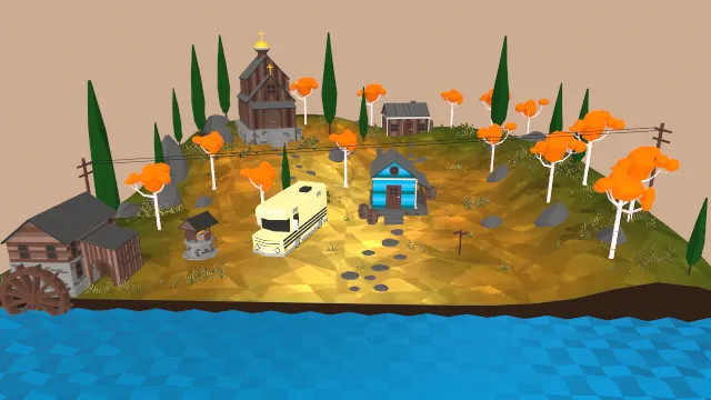 低多边形迷你村庄场景河流建筑