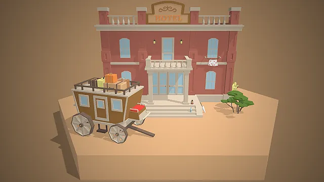 一个卡通风格的3D低多边形西部旅馆模型