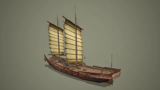 写实风格双桅大帆古风商船 3D 水上运输场景道具模型