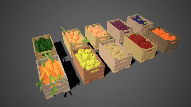低多边形  农产品  木箱  果蔬  色彩鲜亮  市集摊位  生活气息