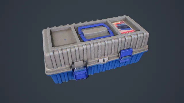 3D写实风格蓝灰工具箱模型，创意设计（3D工具箱、写实风格、实用工业风，工具收纳主题）