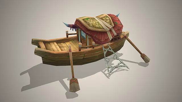 乌篷渔船  渔村场景  游戏载具  做旧实木船体