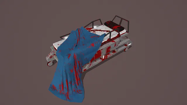 卡通风格3D医疗担架车模型（带血迹元素），创意设计（卡通医疗担架车、3D模型、担架车造型、带血迹蓝布、血迹装饰）
