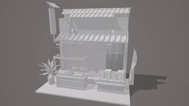 3D卡通风格白灰系日式建筑模型，创意设计（3D建筑、卡通风格、卡通日式风，建筑场景设计主题）