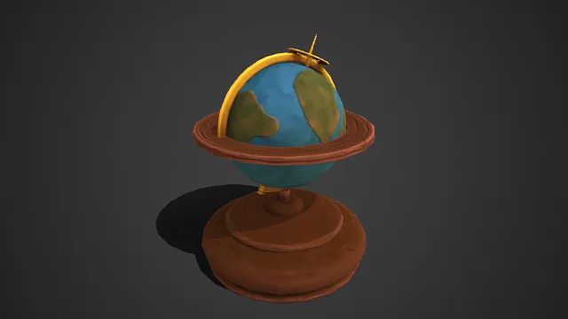 卡通风格  地球仪  蓝绿配色  环形支架  圆润可爱  童趣  桌面道具  空间装饰  科普认知