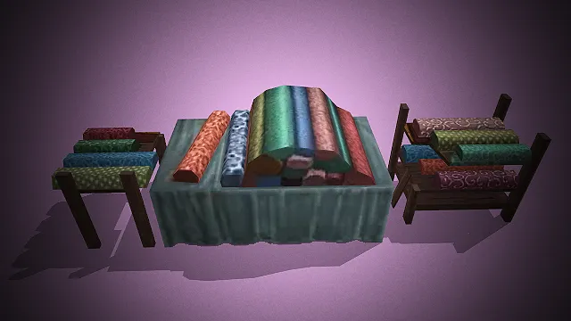 一个写实风格的3D古风布料摊模型