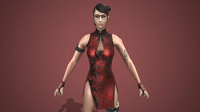 红色无袖旗袍  国风特工  蝴蝶纹身  黑框眼镜