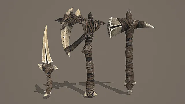 奇幻风格骨纹蛮族兵器三件套3D模型