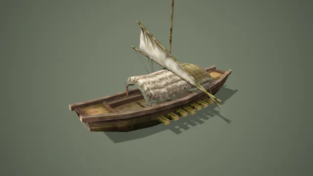 写实风格带单桅帆古风木船 3D 水上场景道具模型
