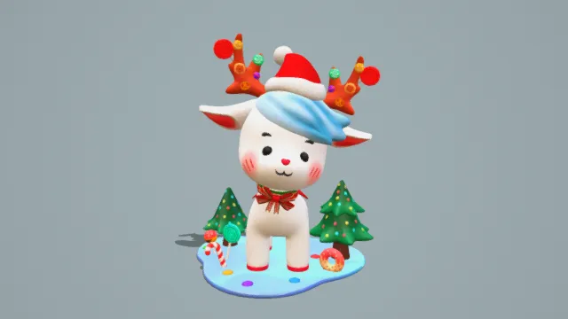 3D卡通风圣诞萌鹿场景模型，创意设计（3D圣诞场景、卡通风格、白色萌鹿、可爱治愈、圣诞主题、童话场景）