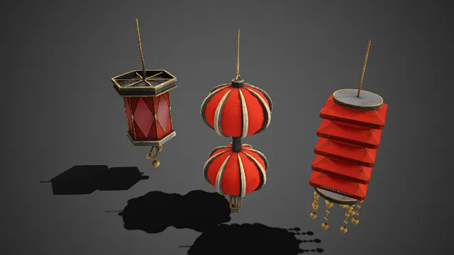 传统灯笼  红金色调  金属纹饰  民俗场景  喜庆氛围  六边形菱纹灯  双层球形灯  多层折叠灯  