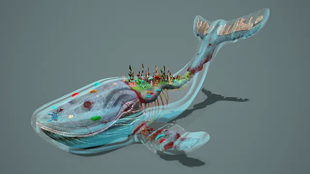 奇幻风格透明鲸鱼3D模型，艺术设计（透明鲸鱼、海洋生物装饰、多彩细节、内部景观、奇幻元素 ）