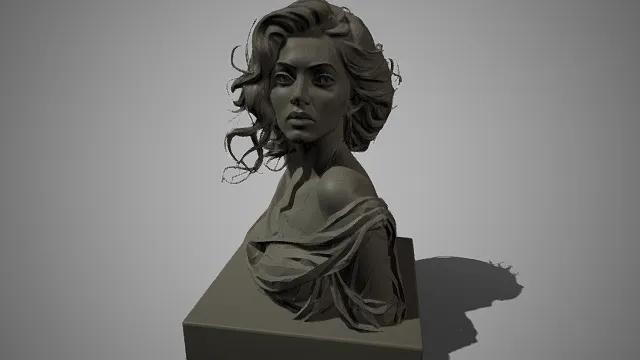 女性胸像  数字雕刻  灰模  卷发垂落  刻画细腻  层次感  写实  艺术摆件
