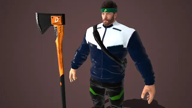 运动风  拼色夹克  游戏角色模型  休闲运动  壮汉  巨斧  日常  绿纹黑裤  饰标发带