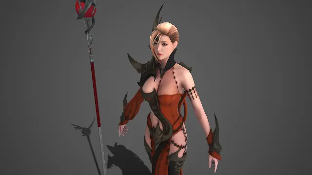 巫女造型  赤焰魔角  妖异魅惑  尖刺元素  黑丝长靴  魔纹法杖  