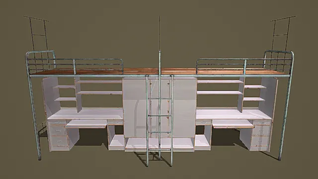 卡通风格复古宿舍上下铺组合家具3D模型