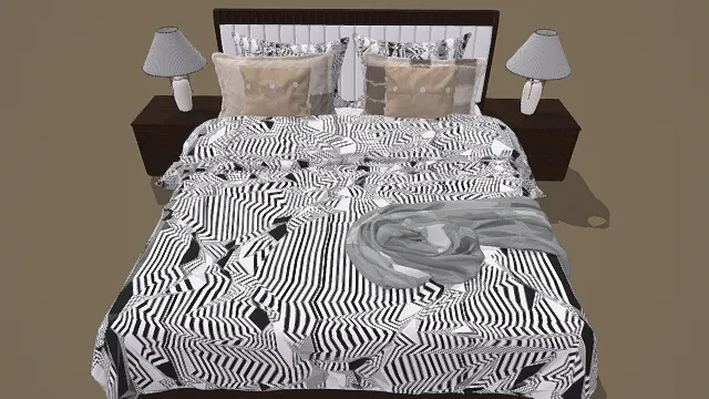 3D卡通风格黑灰白棕系现代床品模型，创意设计（3D家居、卡通风格、卡通现代风，家居设计主题）