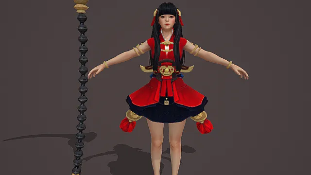 国风武侠风女性角色模型（红黑金配色服饰造型）