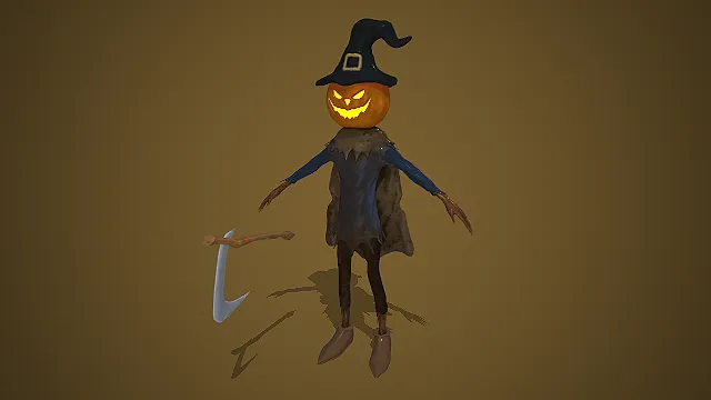 万圣节南瓜头稻草人  奇幻恐怖角色  镰刀武器  恐怖场景