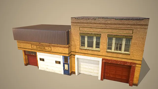 复古工业风车库建筑组合场景装饰模型