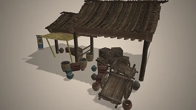 古风炭摊  独轮车  写实风市井道具  游戏场景