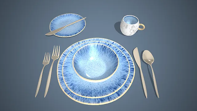 一个清新海洋风的3D餐具套装模型