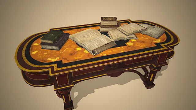 一张带有琥珀纹理桌面与黑金雕花边框的欧式复古书桌3D模型