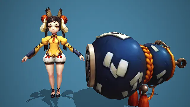 卡通 Q 版狐耳国风少女带太极宝葫芦法器 3D 游戏角色模型