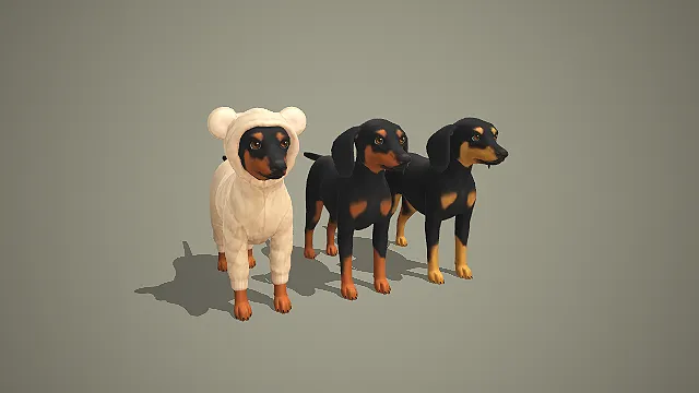 卡通腊肠犬 3D 模型 带熊耳连体衣宠物角色素材包