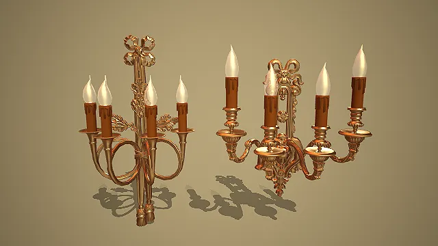 卡通风格两组欧式复古烛台壁灯组合场景装饰模型