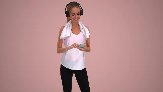 白背心黑健身裤女士戴耳机看手机运动休闲姿态 3D 模型