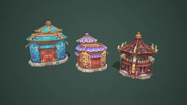 卡通风格三种不同风格的古风圆形建筑套装游戏场景低模素材
