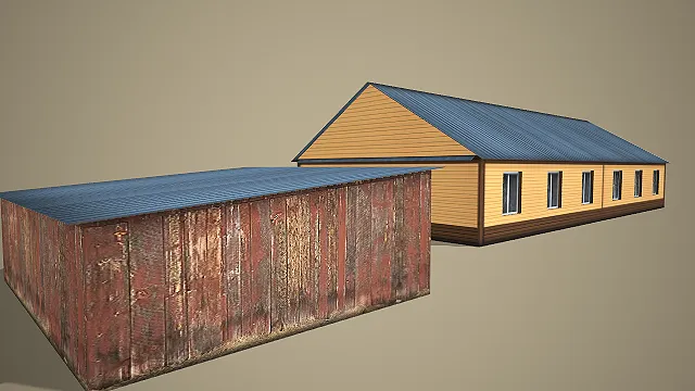 黄墙蓝顶配锈色附屋的简约乡村平房 3D 场景模型